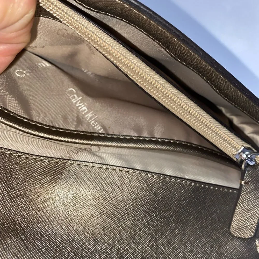Calvin Klein Saffiano Leather Shoulder Purse Gold Small